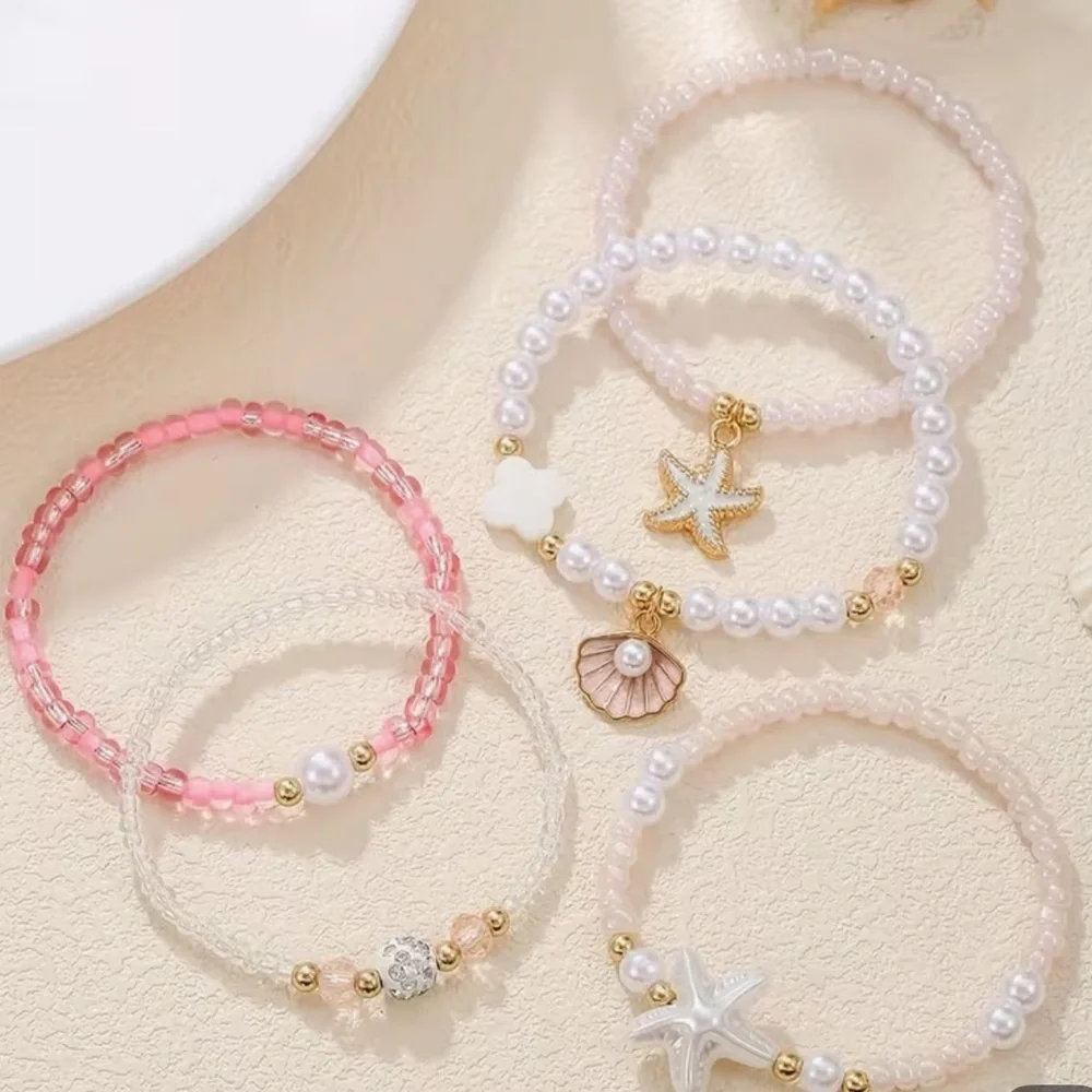 Set of 5 Sea Charm Pink & White Stackable Bead Bracelets - Picture 3 of 5